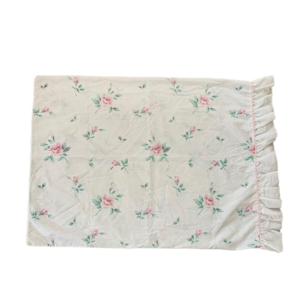 Vintage Standard Pillowcase JC Penney Pink Rose Floral Cottage Core Ruffle